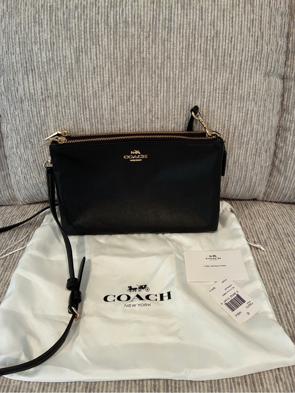 Coach Black Pebbled Leather Double Zip Crossbody with Gold Hardware